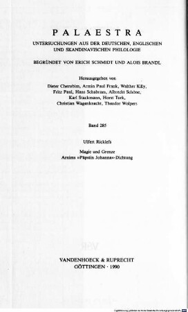 Magie und Grenze : Arnims "Päpstin-Johanna"-Dichtung ; mit einer Untersuchung zur poetologischen Theorie Arnims und einem Anhang unveröffentlichter Texte