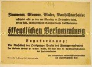 Einladung der revolutionären Gewerkschaftsopposition der Industriegruppe Bau an Handwerker und Bauarbeiter zur öffentlichen Versammlung