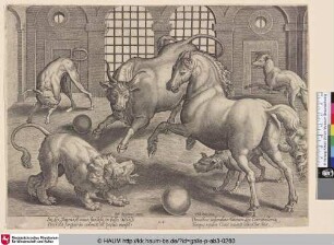 [Fight among a lion, horse, bull and dogs; Kampf zwischen einem Löwen, Pferd, Stier und Hunden]
