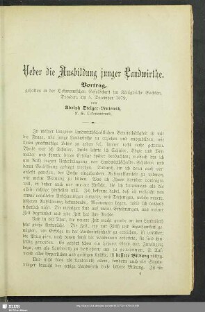 Ueber die Ausbildung junger Landwirthe : Vortrag, gehalten in der Oekonomischen Gesellschaft im Königreiche Sachsen, Dresden, am 5. Dezember 1879