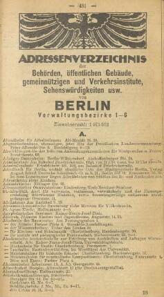 Adressverzeichnis der Behörden, öffentlichen Gebäude, gemeinnützigen und Verkehrsinstitute, Sehenswürdigkeiten usw. von Berlin