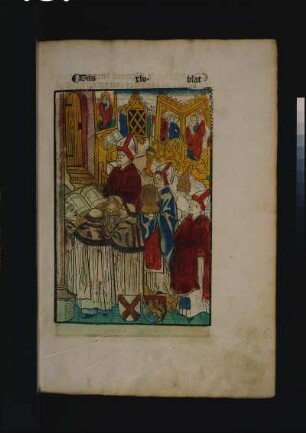 Kardinäle und Bischöfe bei einer gesungenen Messe : Concilium Constantiense. Chronik des Ulrich von Richental. Augsburg: A. Sorg, 1483; Blatt 45r: Kardinäle und Bischöfe bei einer gesungenen Messe. Holzschnitt, koloriert; Dresden: SLUB Ink.60