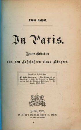 In Paris : Heitere Geschichten aus den Lehrjahren eines Sängers, 2