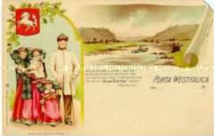 Familie in Westfälischer Volkstracht mit Ansicht der Porta Westfalica