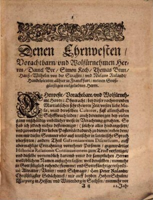 Historicae relationis semestralis continvatio : Jacobi Franci historische Beschreibung aller gedenckwürdigen Historien .... 1623