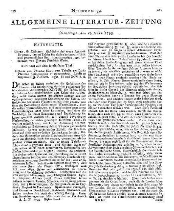 Geschichte des neuen Planeten Uranus. Samt Tafeln für dessen heliocentrischen und geocentrischen Ort. Hrsg. und berechnet von J. F. Wurm. Gotha: Ettinger 1791