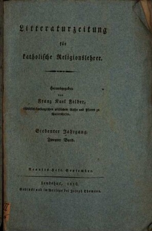 Litteraturzeitung für katholische Religionslehrer, 7,2. 1816, Sept.