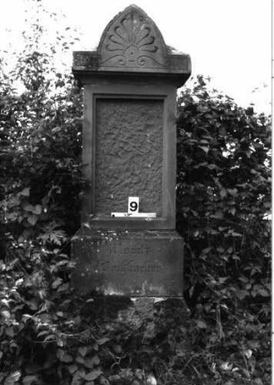 Grabstein 9 (Index: 99891778) Material: Sandstein Zustand: Inschrifttafel zerstört Maße HxBxT: 189x66x35 cm Beschreibung: Stele rechteckig mit Mittelakroter Symbolik: Palmette im Mittelakroter: Grabstein 9