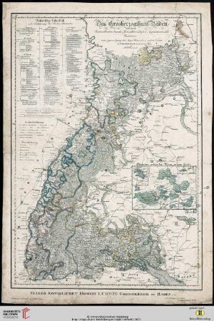 Das Grosherzogthum[!] Baden : nach seinen Bestandtheilen Standes u. Grundherrschaften Acquisitionen und Cessionen$dunter Zugrundlegung der Major Hammerschen u. anderer Karten ; Seiner Königlichen Hoheit Ludwig Grosherzog zu Baden ... unterthänigst gewidmet