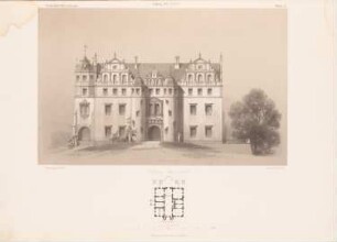 Schloss Märzdorf: Grundriss, Vorderansicht (aus: Architektonisches Skizzenbuch, H. 110/5, 1871)