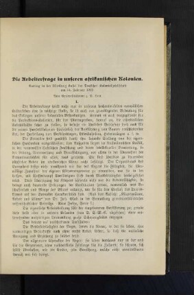 Die Arbeiterfrage in unseren afrikanischen Kolonien.