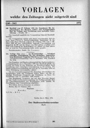 Anlage: ad No. 10 (240-241), Vorlagen, welche den Zeitungen nicht mitgeteilt sind