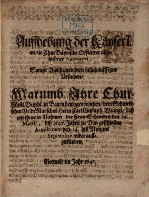 Auffhebung der Kays. an die Chur-Bayrischen Officierer abgelassener Avocatori