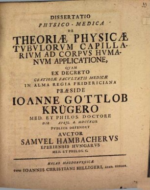 Diss. phys.-med. de theoriae physicae tubulorum capillarium ad corpus humanum applicatione