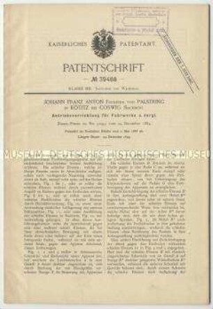 Patentschrift einer Antriebsvorrichtung für Fuhrwerke , Patent-Nr. 39488