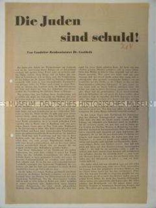 Flugblatt mit dem Text eines Presseartikels von Joseph Goebbels über die "Schuld" der Juden am 2. Weltkrieg