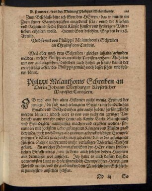 Philippi Melanthonis Schreiben an Herrn Johann Ovenburger Keyserlicher Mayestet Cantzlern.