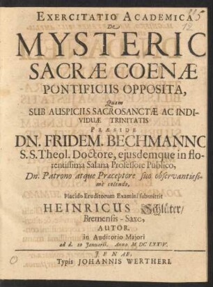 Exercitatio Academica De Mysterio Sacrae Coenae Pontificiis Opposita
