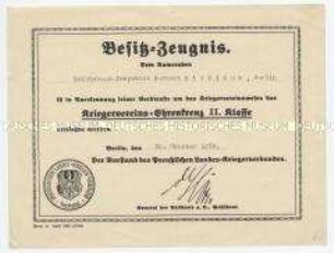 Besitzzeugnis zum Kriegervereins-Ehrenkreuz II. Klasse