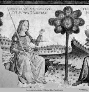 Ausmalung des Salone : Personifikationen zweier theologischer Tugenden und der Kardinaltugenden an der Nordwand
