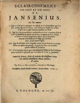 Eclaircissement du Fait et du sens de Jansenius