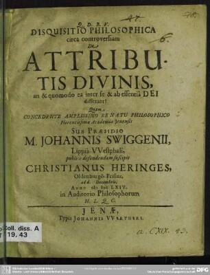 Disquisitio philosophica circa controversiam de attributis divinis, ...