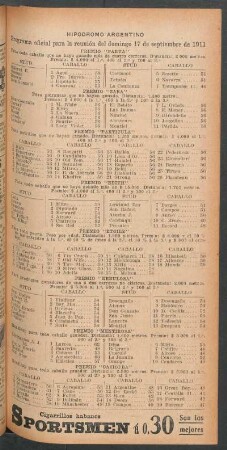 Hipódromo Argentino - Programa oficial para la reunión del domingo 17 de septiembre de 1911