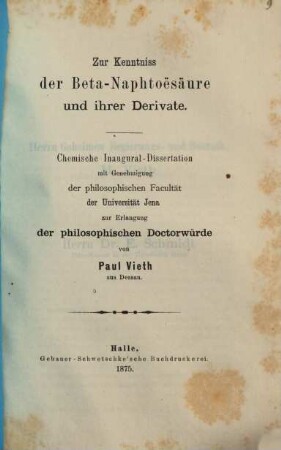 Zur Kenntniss der Beta-Naphtoë-Säure und ihrer Derivate : Inaug. Diss.