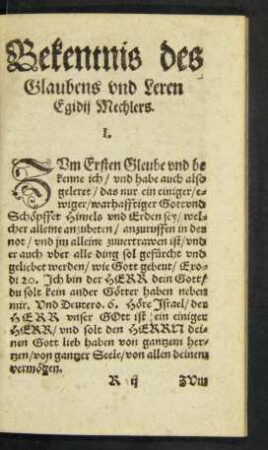 Bekentnis des Glaubens und Leren Egidii Mechlers.