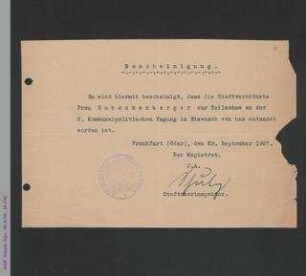 Bescheinigung des Magistrats der Stadt Frankfurt an der Oder