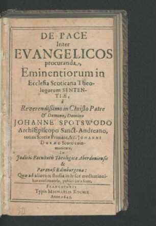 De Pace Inter Evangelicos procuranda, Eminentiorum in Ecclesia Scoticana Theologorum Sententiae