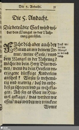 Die 5. Andacht. Die betrübte Seel wird wider den Mangel in der Nahrung betröstet