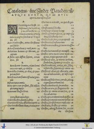 Catalogus sive Index Paradoxorum.