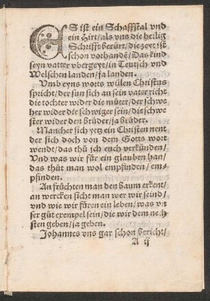 ES ist ein Schaffstal vnd || ein Hirt/ als vns die heilig || Schrifft berürt/