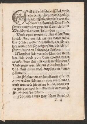 ES ist ein Schaffstal vnd || ein Hirt/ als vns die heilig || Schrifft berürt/