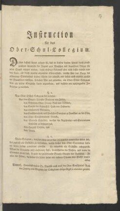 Instruction für das Ober-Schul-Collegium : [Gegeben Berlin, den 22sten Februar 1787]