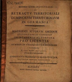Dissertatio inauguralis de retractu territoriali dominorum territorialium in Germania