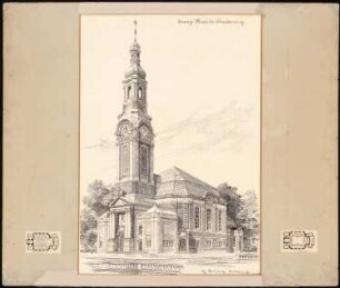 Evangelische Kirche, Berlin-Charlottenburg: Perspektivische Ansicht mit Grundrisse EG und Empore