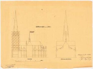 Kirche St. Willibrord, Wesel: Aufriss Seitenansicht und Rückansicht mit Einrüstung des Turmes