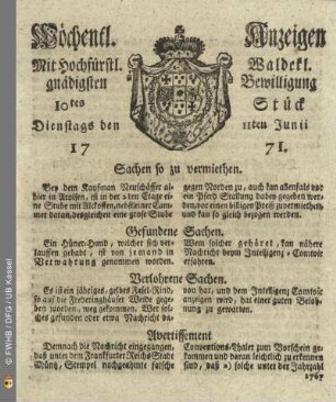 10tes Stück, Dienstags den 11ten Junii 1771