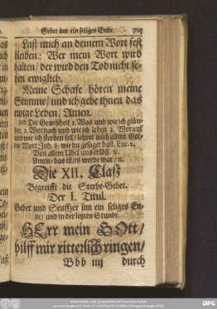 Die XII. Claß Begreifft die Sterbe-Gebet.