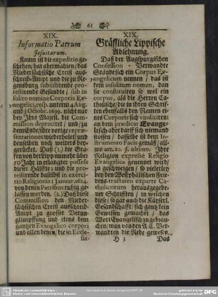 XIX. Informatio Patrum Jesuitarum - XIX. Gräffliche Lippische Ablehnung