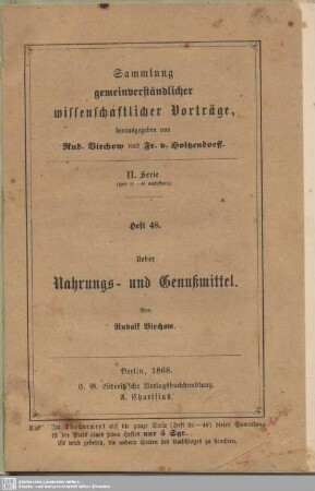 Ueber Nahrungs- und Genußmittel : Vortrag, gehalten im Saale des Berliner Handwerker-Vereins