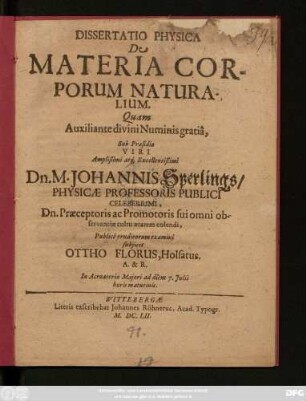 Dissertatio Physica De Materia Corporum Naturalium