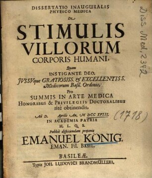 Dissertatio Inauguralis Physico Medica De Stimulis Villorum Corporis Humani