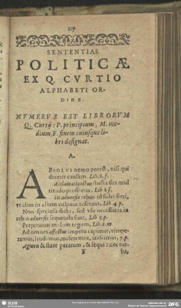 Sententiae Politicae Ex Q. Curtio Alphabeti Ordine