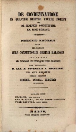 De condemnatione in quantum debitor facere potest seu de beneficio competentiae ex iure Romano