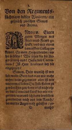 Ethographia Mundi, 2. Malus Mulier Das ist Gründliche Beschreibung. I. Von der Regimentssucht der bösen Weiber ...