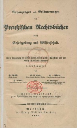 Supplementband zu den Agrar-Gesetzen nebst Sach- und chronologischem Register