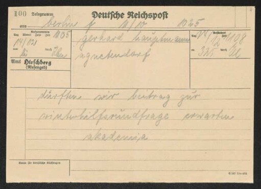 Brief von Akademia Wissenschaftliches Korrespondenzbüro an Gerhart Hauptmann